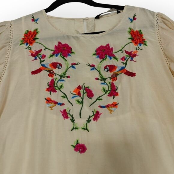 Zara Premium Embroidered Parrots Red and Cream Resort Mini Dress Crew Neck Sz L - Picture 4 of 10